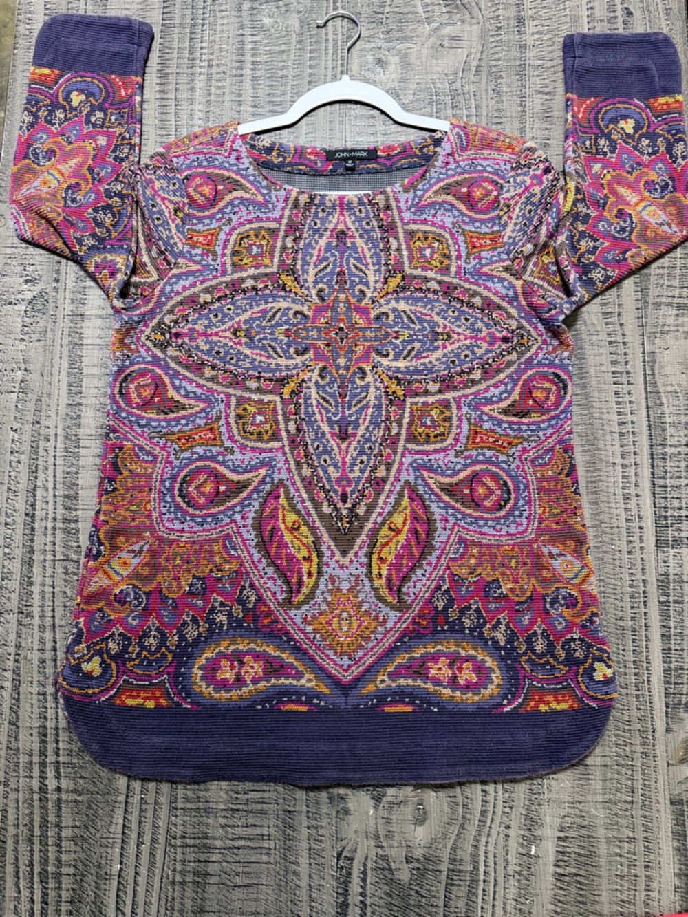 John Mark Purple Paisley Knit Pullover with Pink & Gold Accents
